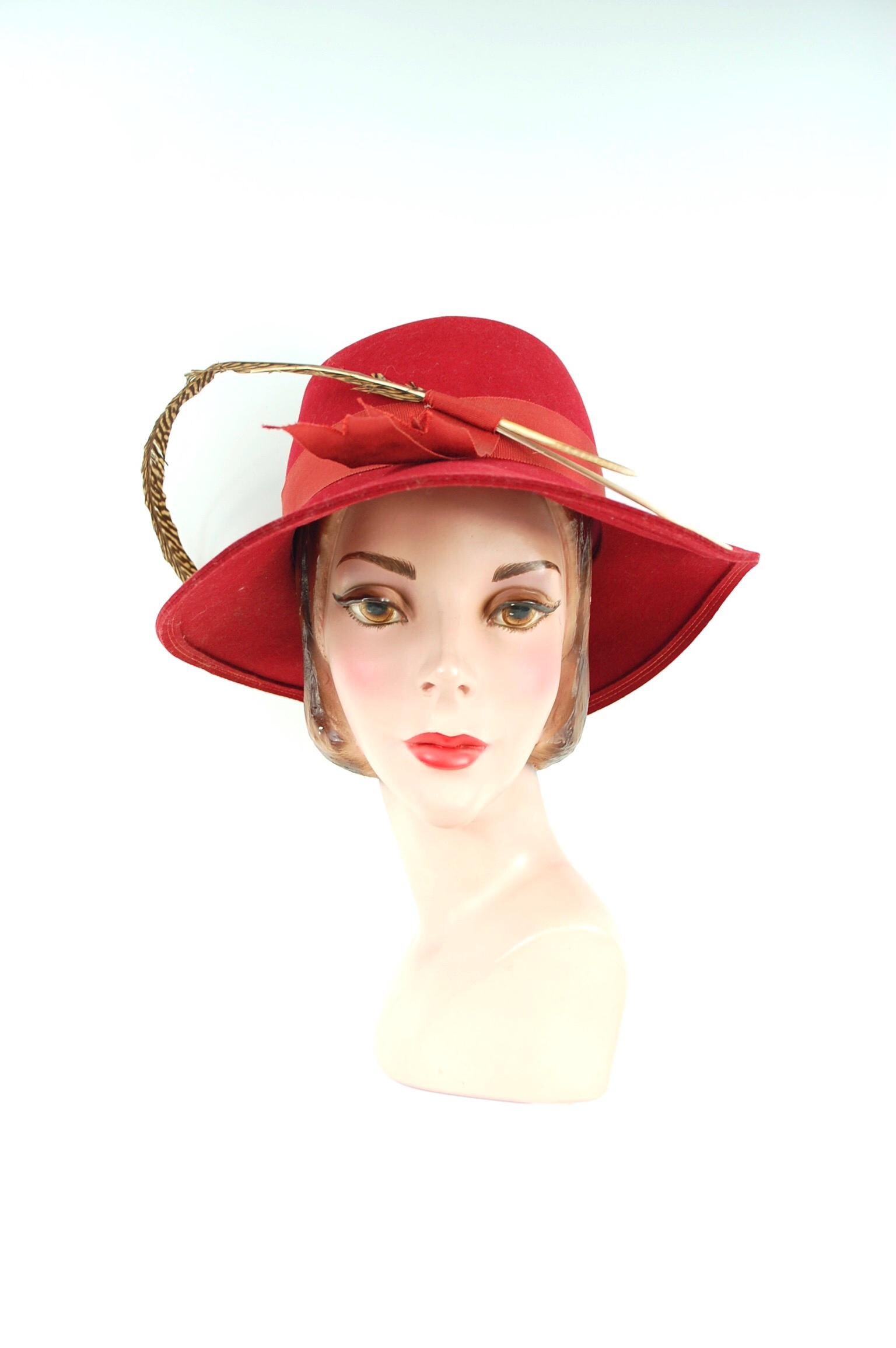 Frank Olive fedora red hat with hat pin Women main image 4