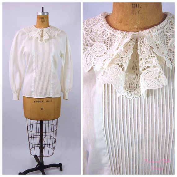 30s White Cotton Blouse // 34 Bust // 40s Ruffled