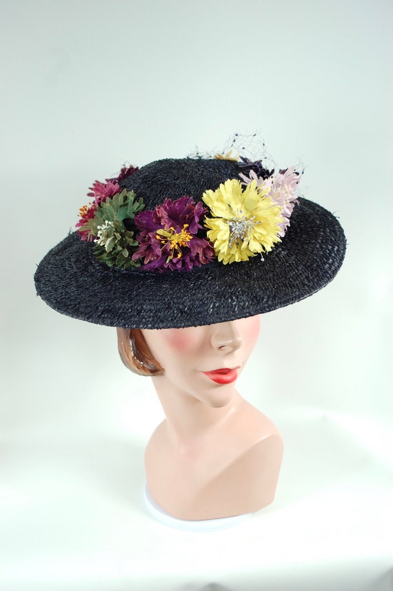 1930s Navy Floral Saucer Hat / Tilted Jaunty Spri… - image 2