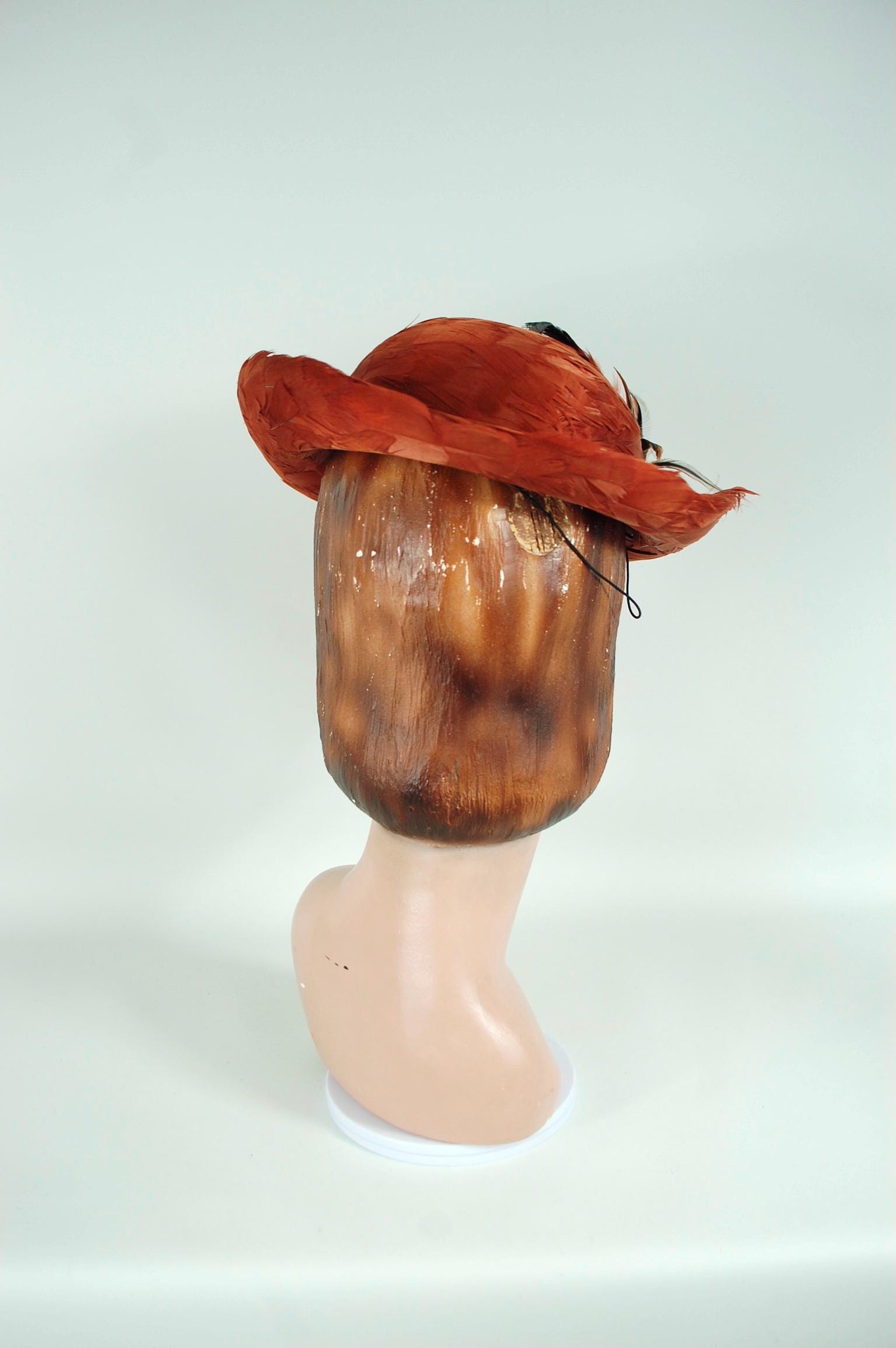 1960s Rust Orange Feathered Hat / Equestrian Riding Style Wide Brimmed ...