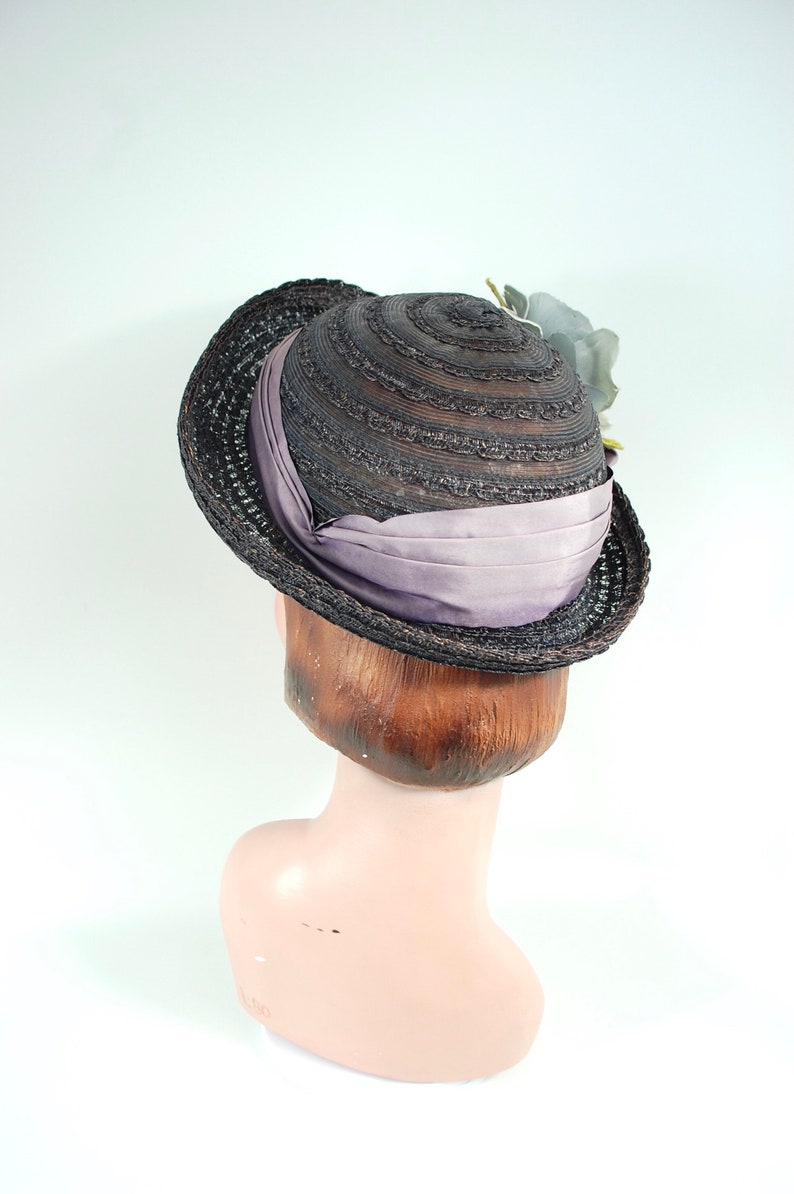 Late 1940s Straw Floral Hat / Face Framing Wide Brimmed 40s Straw Bonnet Summer Blue Indigo Purple Lavender Flowers image 7