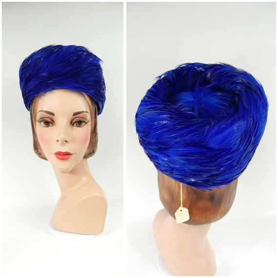 60s Electric Blue Feathered Pillbox Hat / Jackie O