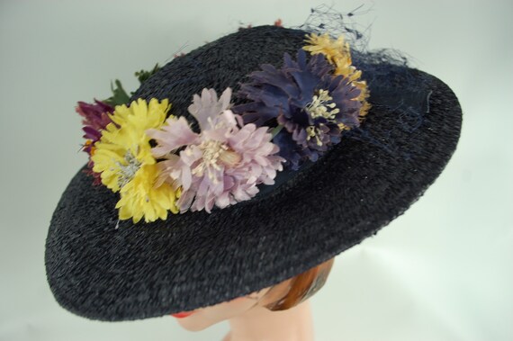 1930s Navy Floral Saucer Hat / Tilted Jaunty Spri… - image 7