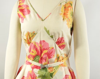 1930s Floral Taffeta Gown, Rhinestone Belt, 25" Waist