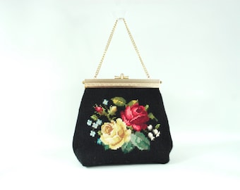 1960s Tapestry Needlepoint Purse / Black White Green Red and Yellow Roses Chain Handle