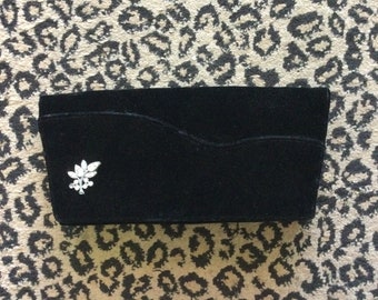 1940s 1950s Clutch Purse / Black Velvet Rhinestone Paris