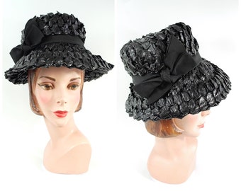 1960s Shiny Black Straw Hat 1960s Black Spring Bucket Hat High Crown Wide Brim Cellophane Straw Irene of New York Bonwit