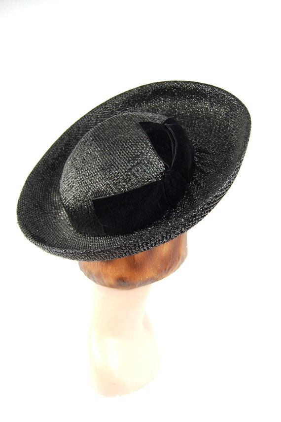 1960s Wide Brimmed Hat / Black Straw Upturned Bri… - image 5