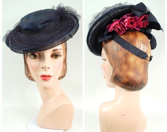 Early 1940s Navy Blue Taffeta and Straw Tilt Hat with Dark Pink Roses by Gaebel Blue WWII era Toy Hat