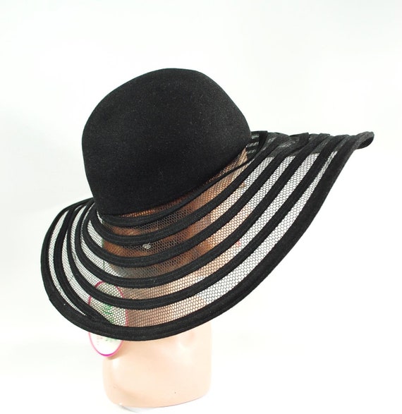 1980s Frank Olive Wide Brimmed Hat / Black Fishne… - image 3