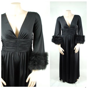 Dramatic Late 1970s Lilli Diamond of California Jumpsuit With Feather Trim Cuffs / 33 - 35 waist / Wide Legged Plunging Neckline