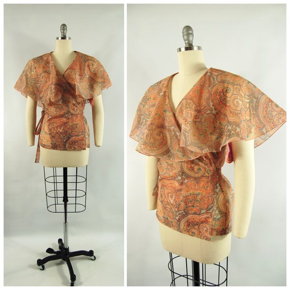 Early 1970s Sheer Paisley Wrap Top / Small / 70s … - image 1