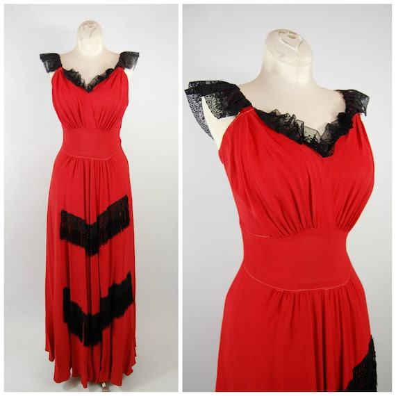40s Fringe Trimmed Crepe Gown // 28 Waist // Red R