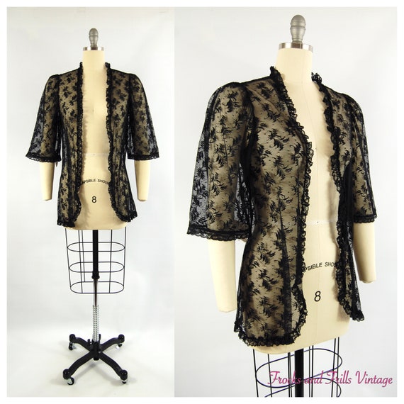 Black Lace Jacket by Val Mode / Small / Bed Jacket