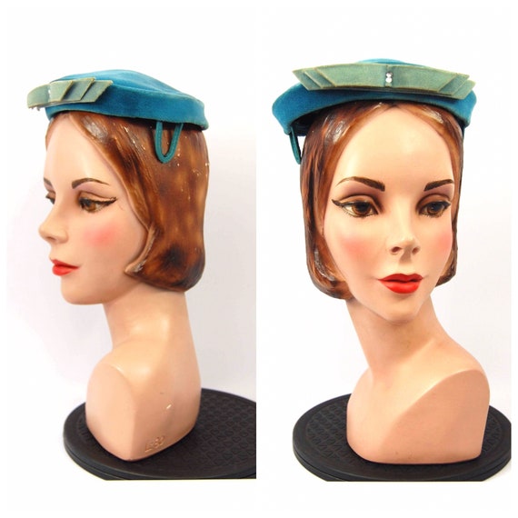 50s Aqua Velvet Hat - Small 50s Hat - Aqua blue Ve
