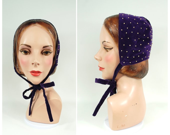 1940s 1950s Velvet Ties Under Chin / Pearl Studded Winter Cap
