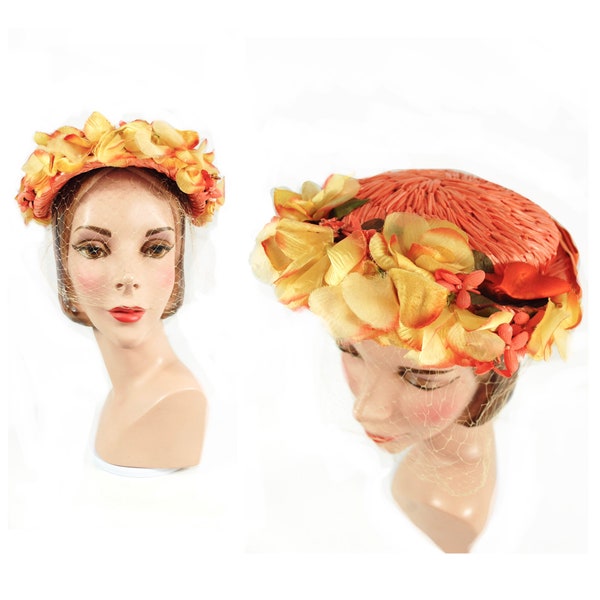 1950s 1960s Orange Straw Hat Yellow Flowers by Roberta Bernays