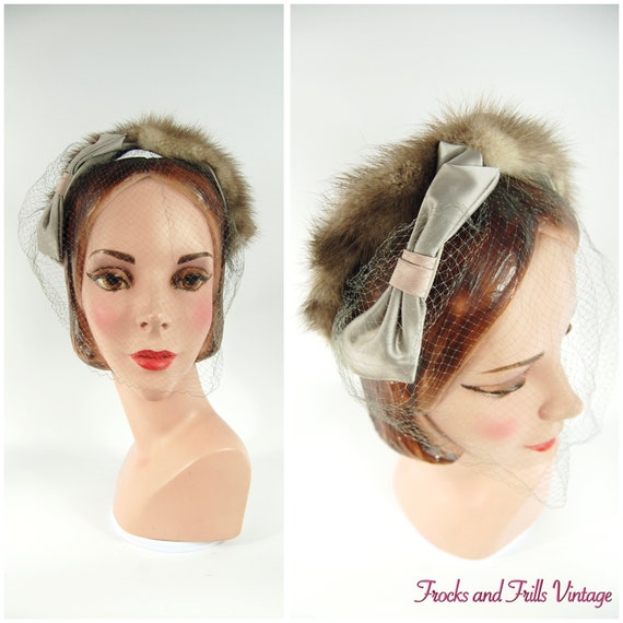 50s 60s Taupe Mink Headband Hat / Late 50s Half Ha
