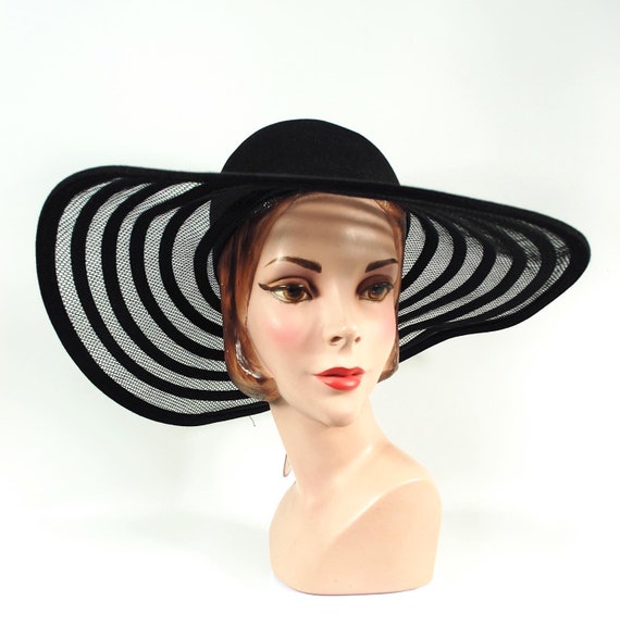 1980s Frank Olive Wide Brimmed Hat / Black Fishne… - image 2