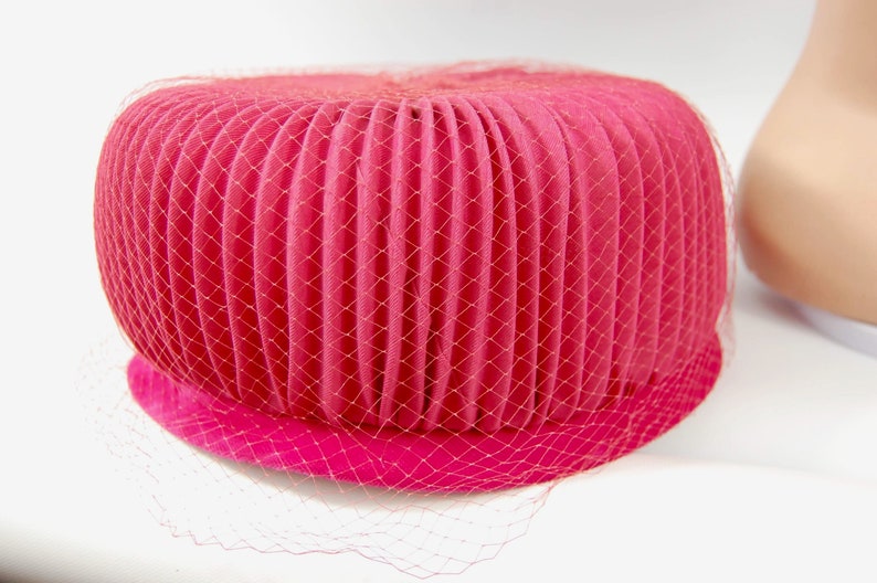 Pink Pleated 60s Dome Pillbox Hat Jewel Tone Fuchisia High Crown Small Brimmed Mid 60s Pink Hat