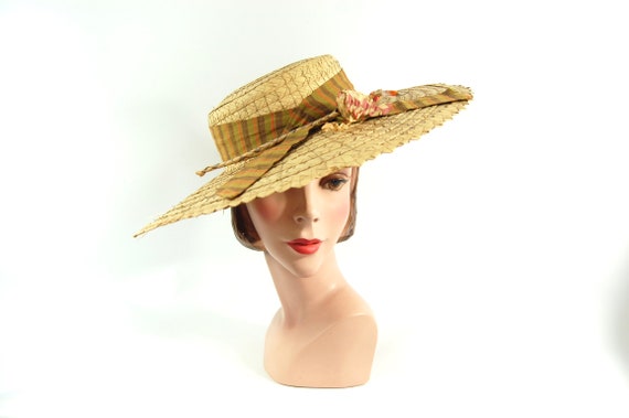 40s 50s Wide Brimmed Straw Hat - Summer Sun Hat -