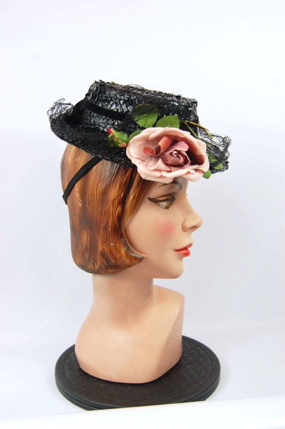 Late 1930s Spring Hat Black Toy Hat Straw Hat Mar… - image 3