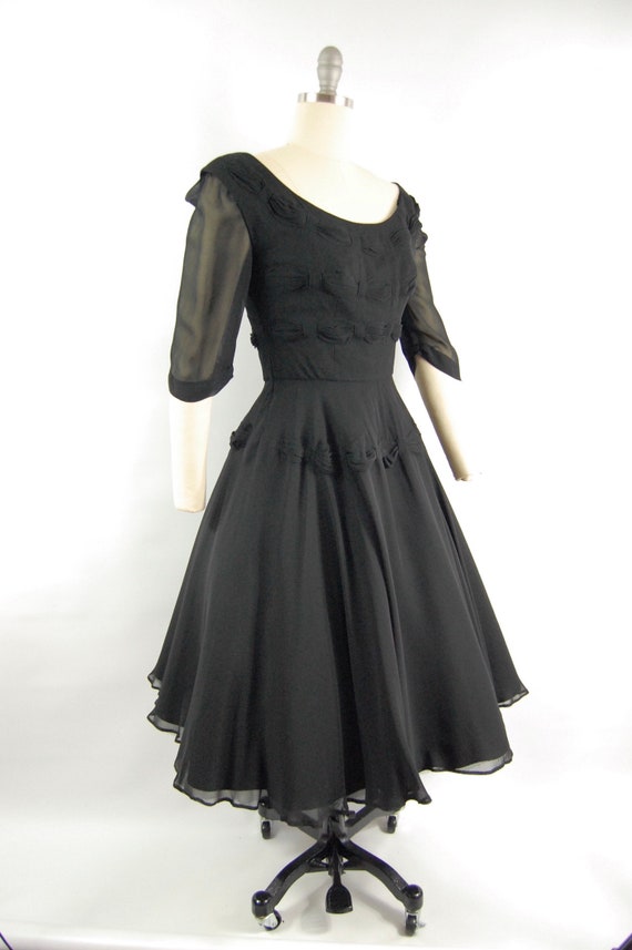 1950s Black Chiffon Party Dress / 26 Waist / Full… - image 4