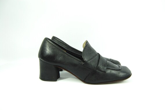 60s 70s Black Pilgrim Shoes / Size 9 / Black Chunk
