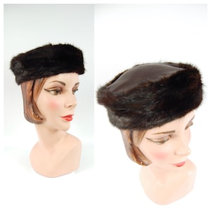 Late 1950s Chocolate Brown Mink and Satin Hat - De Mura Dark Fur Trimmed 1960s Fall and Winter