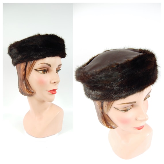 1960s Dark Brown Fur and Leather Hat Vintage 60s Fur Pillbox Hat: Brownish Black Mod Winter Hat  main image 3