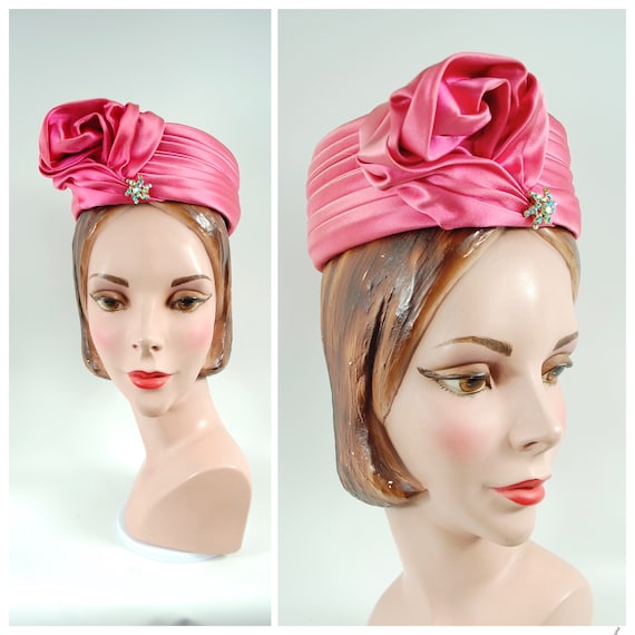 1960s Pink Satin Toque Hat / Turban Pillbox Pleated 