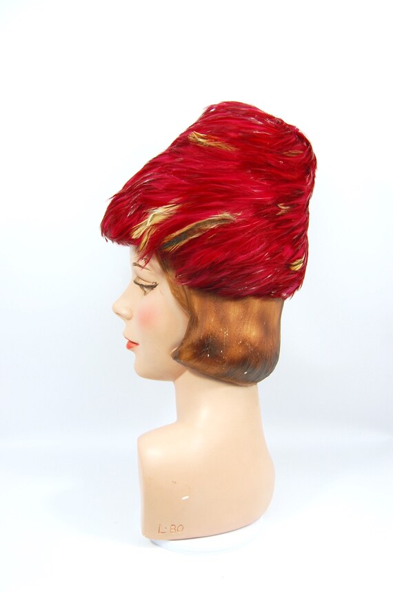 1960s Feathered Beehive Hat - Cranberry Red Feath… - image 6