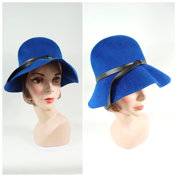 Mid to Late 1960s Blue Wool Bucket Hat / Blue and Black 1960s Hat Cloche Fall Winter 60s Mod Hat Large Brimmed Hat 1960s Blue Felt Hat