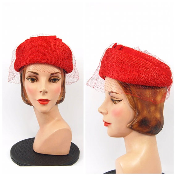 60s Red Straw Hat - Red Dome Pillbox Hat Graduated