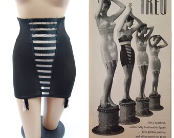 Early 1950s Treo Girdle / Small / Ribbons Striped Black Illusion Lace Garters Girdlette Lingerie Boudoir