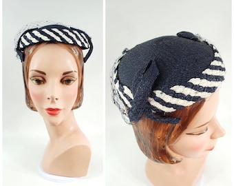 1950s Navy Blue Striped Hat / Early to Mid 1950s Straw Hat Veiled Hat Small Brimmed Navy Pinstripes 1950s Straw Pillbox Brimless Hat