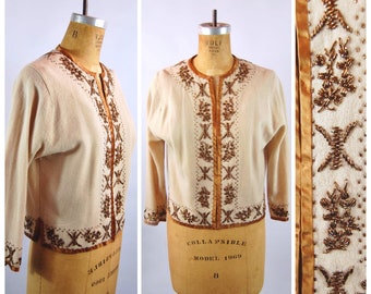Early 1960s Copper Beaded Cardigan Sweater /Size 40 / Beaded Sweater Round Neck Collarless Late 1950s Beaded Tan Wool Cardigan