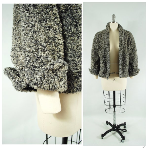 1950s Grey Boucle Short Clutch Coat / medium 40 Bust / Cuffed Sleeves Hip length Car Coat Poodle