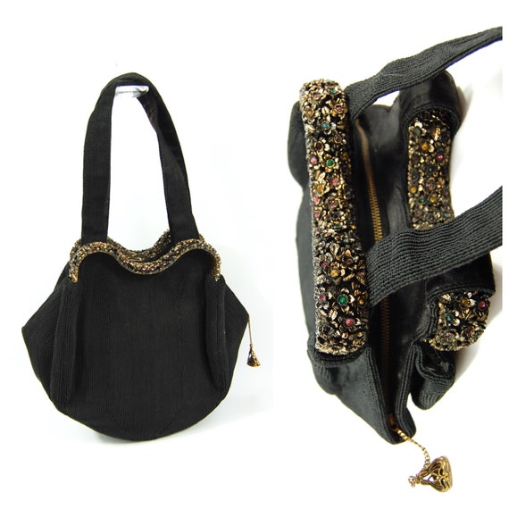 1940s Black Jewel Encrusted Handbag / Colorful Rhi