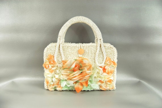 50s 60s White Straw Floral Handbag - Orange white