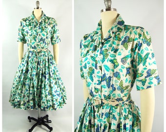 1950s Silk Butterfly Print Floral Dress / 28 - 30 Waist / Novelty Print Dress Town Shop De Pinna Silk Shirtwaist Dress Early 1960s Dress