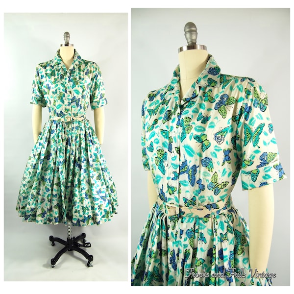 1950s Silk Butterfly Print Floral Dress / 28 - 30 Waist / Novelty Print Dress Town Shop De Pinna Silk Shirtwaist Dress Early 1960s Dress