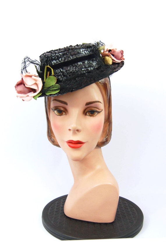 Late 1930s Spring Hat Black Toy Hat Straw Hat Mar… - image 5