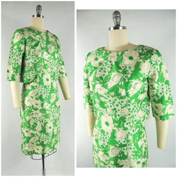1960s Green Silk Cocktail Dress / 28 - 29 Waist / Ivory and Spring Green Flower Print Jackie O Dress Sheath Wiggle Dress Early 1960s Spring