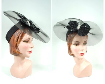 1980s Black Fascinator Butterfly Hat by Whittall & Shon - Rhinestones Silver and Black Kentucky Derby