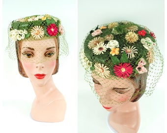 1960s Colorful Flower Power Veiled Whimsey Hat / Green Yellow Red Daisies