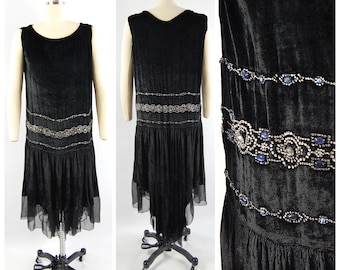 1920s Black Velvet Flapper Dress: Rhinestone Drop Waist, Handkerchief Hem