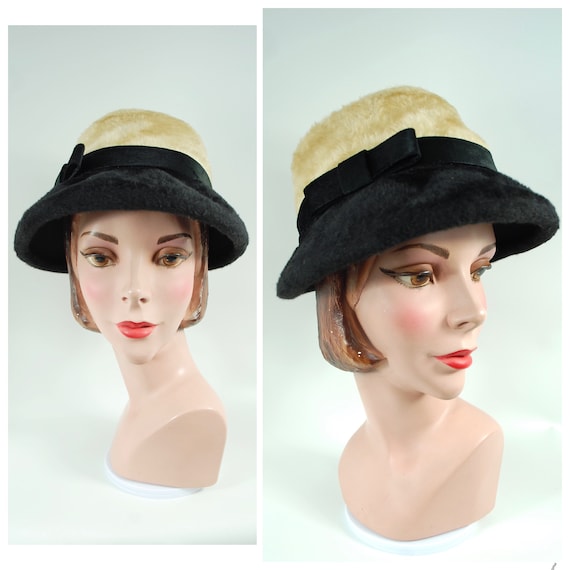 1960s Beige and Black Fur Felt Cloche Hat by Bran… - image 1