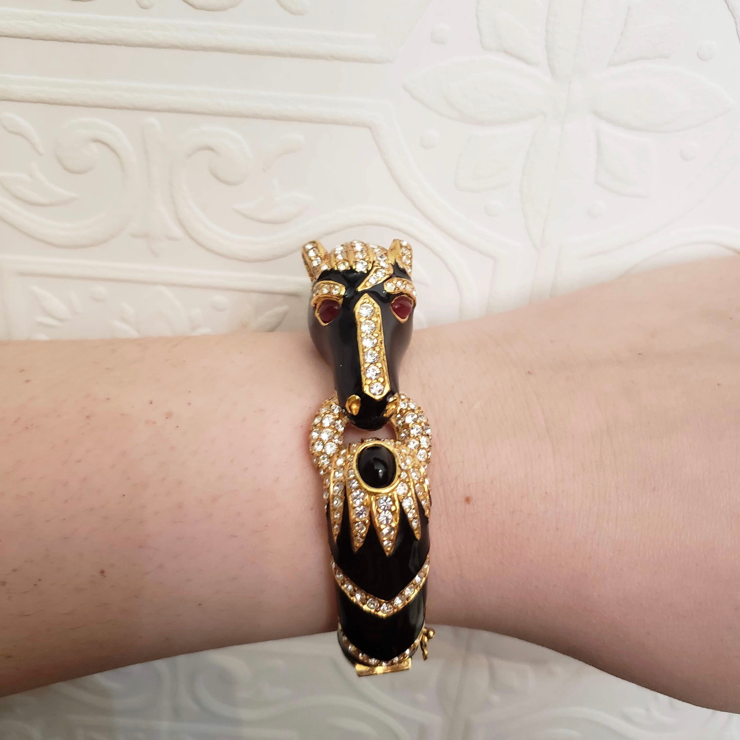 Vintage Ciner Horse Bracelet / Rhinestones and Enamel Black