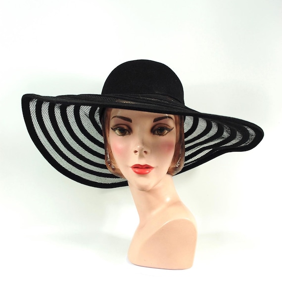 1980s Frank Olive Wide Brimmed Hat / Black Fishne… - image 1